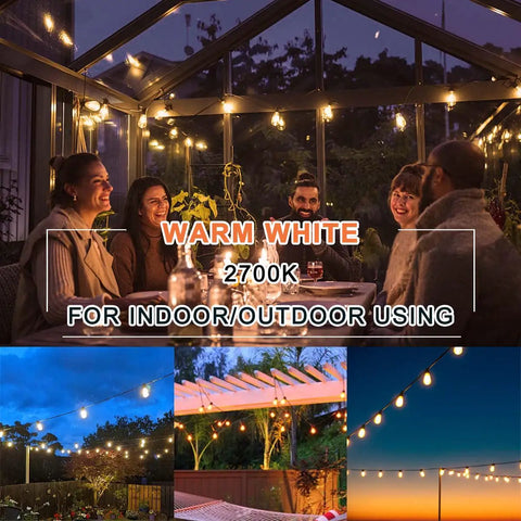Outdoor String Lights For Patio And Backyard Waterproof IP65 Commercial Grade Vintage Edison Bulbs illuminating a patio gathering