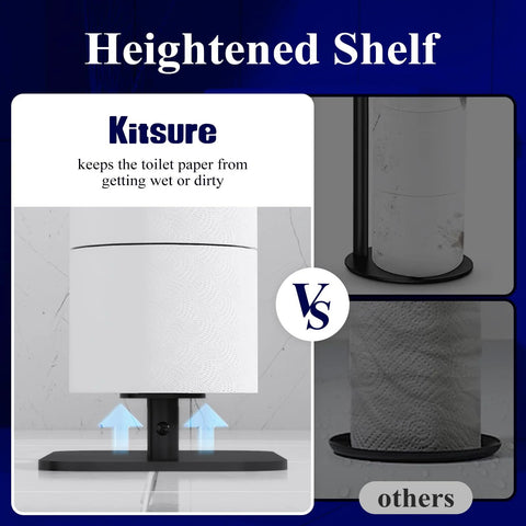 Comparison of heightened shelf feature in Free Standing Toilet Paper Holder Stand With Rustproof Metal Construction.