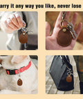 Premium Handmade Genuine Leather AirTag Holder And Keychain With Heavy Duty Rings Protective Case Compatible With Apple AirTags First And Second Gen Straight Up Solid Brown, shown attached to keys and dog collar.