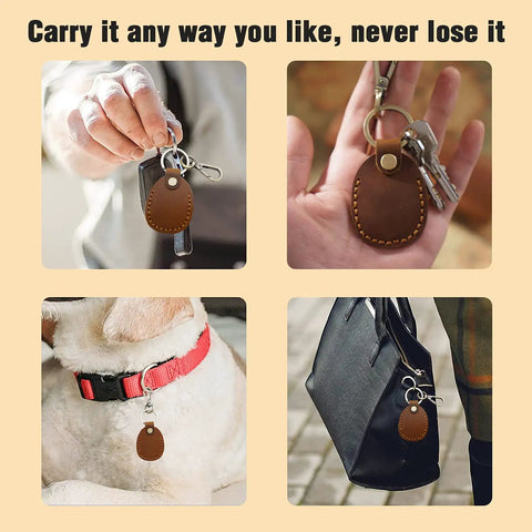 Premium Handmade Genuine Leather AirTag Holder And Keychain With Heavy Duty Rings Protective Case Compatible With Apple AirTags First And Second Gen Straight Up Solid Brown, shown attached to keys and dog collar.