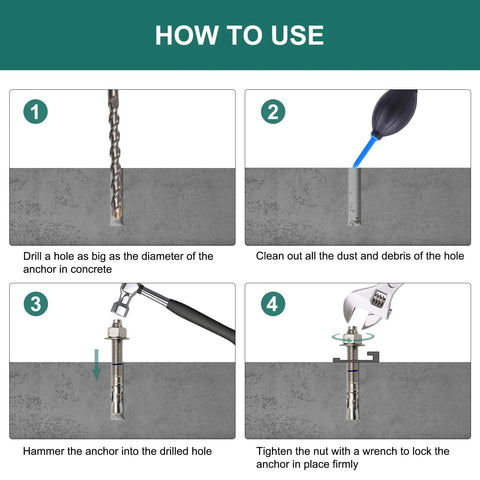 How to use Three Eighths Inch By Three And Three Quarters Inch Concrete Anchors 25 Pack Stainless Steel Wedge Bolts in concrete.