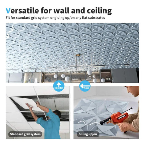 Decorative 2x2 Glue Up Ceiling Tile Floral Gray Pack of 12 for Drop Ceilings, lightweight PVC installation guide.