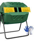 43 Gallon Dual Chamber Compost Tumbler For Easy Outdoor Garden Composting With Sliding Door Rotating Bin Tumbling Composter In Green Durable UV Protected Plastic Drum Built To Last In Any Weather, shown with gloves and tool.