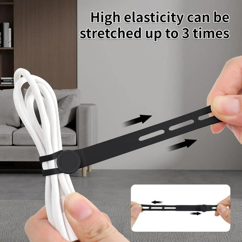 25 Pack Reusable Silicone Cable Ties Ultra Flexible Cord Wraps For Electrical Cords Phone Chargers Earphones And USB Cables No Scratch High Elasticity Up To 36cm Black shown securing a white cable.