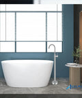 Freestanding Tub Faucet Chrome Floor Mount Tub Filler With Single Lever Brass Mixer Tap And Tub Spout in modern bathroom setup
