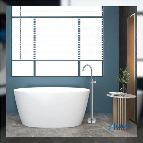 Freestanding Tub Faucet Chrome Floor Mount Tub Filler With Single Lever Brass Mixer Tap And Tub Spout in modern bathroom setup