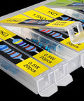 Front view: resistor assortment kit in a clear multi-compartment box with yellow labels and blue metal-film resistors.