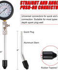 Compression Tester Kit For Engine Cylinders With Pressure Gauge Adapters, showing gauge, aluminum stems, rubber tips.