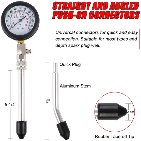 Compression Tester Kit For Engine Cylinders With Pressure Gauge Adapters, showing gauge, aluminum stems, rubber tips.