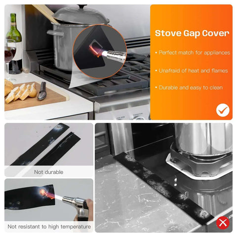Stove Gap Covers 13.8 To 27.5 Inch Adjustable Black 2 Pack Gap Filler Guards shown on kitchen counter sealing gaps.