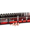 Three Eighths Inch Drive Shallow And Deep 12 Point Socket And Ratchet Set With Rails And Trays All In One 74 Piece displayed on a tray