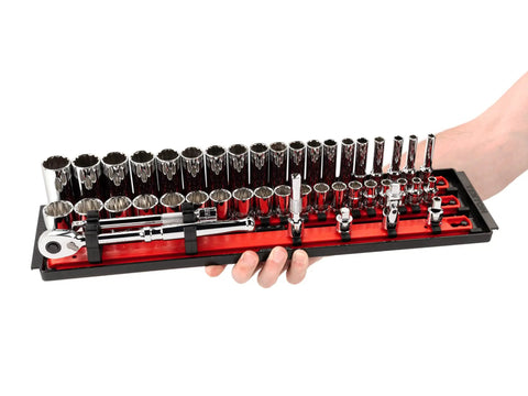 Three Eighths Inch Drive Shallow And Deep 12 Point Socket And Ratchet Set With Rails And Trays All In One 74 Piece displayed on a tray