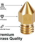 Close-up of MK8 brass nozzle 0.4mm with thermal conductivity, precision, M6 thread for All In One 3D Printer Nozzle Kit With 16 MK8 Brass Nozzles 0.2mm 0.4mm 0.6mm 0.8mm And 1.0mm Plus Wrench Tweezers Cleaning Needles And Storage Case For Ender 3 Pro And CR 10 Series.