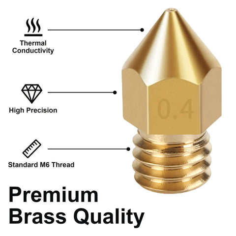 Close-up of MK8 brass nozzle 0.4mm with thermal conductivity, precision, M6 thread for All In One 3D Printer Nozzle Kit With 16 MK8 Brass Nozzles 0.2mm 0.4mm 0.6mm 0.8mm And 1.0mm Plus Wrench Tweezers Cleaning Needles And Storage Case For Ender 3 Pro And CR 10 Series.