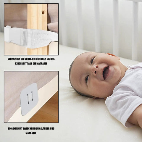 Baby in crib with bed frame stabilizer straps for cribs and baby beds adjustable nylon guardrail locks no slip crib strap