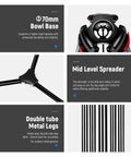 Beefy Heavy Duty Aluminum Video Tripod 70 mm bowl base, mid-level spreader, double tube metal legs for stability and durability.