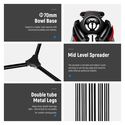 Beefy Heavy Duty Aluminum Video Tripod 70 mm bowl base, mid-level spreader, double tube metal legs for stability and durability.