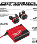 Rugged USB Bluetooth Jobsite Ear Buds With RedLithium Power For Pro Contractors, shown with charging case and ear wings.