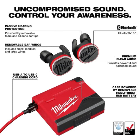 Rugged USB Bluetooth Jobsite Ear Buds With RedLithium Power For Pro Contractors, shown with charging case and ear wings.