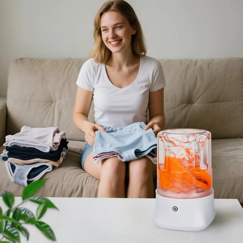 Woman using Grab And Go Portable Mini Washing Machine Usb Rechargeable Compact Drum with laundry, suitable for underwear and socks.