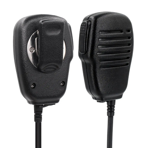 Compact Speaker Microphone With 2 Pin Screw Down Connector And 3 5mm Audio Jack Revolving Alligator Clip shown front and back