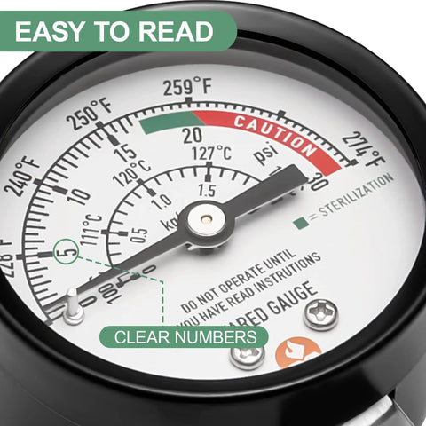Close-up of 2 Inch Dial Pressure Cooker And Canner Gauge With Lower Mount In Black Steel Case Includes Gasket And Nut For Seriously Accurate Steam Pressure Readings From 0 To 30 Psi showing clear numbers.
