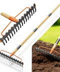 Heavy Duty Bow Rake With 17 Tines And 55 Inch Adjustable Wooden Handle Built To Last For Lawn Care, Soil Leveling, Gardening