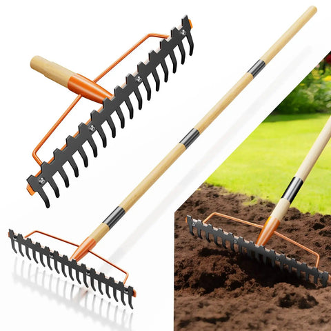 Heavy Duty Bow Rake With 17 Tines And 55 Inch Adjustable Wooden Handle Built To Last For Lawn Care, Soil Leveling, Gardening