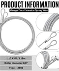 Garage door extension spring wire, 10.43ft length, 1/8 inch roller diameter, type 2591, multiple views