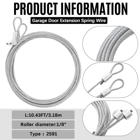Garage door extension spring wire, 10.43ft length, 1/8 inch roller diameter, type 2591, multiple views