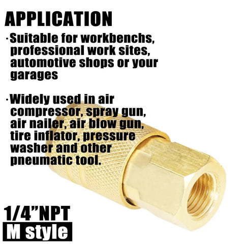 Close-up of Brass Air Hose Fittings Quick Connect Coupler One Quarter Inch NPT Female Thread for Compressors showing application uses.
