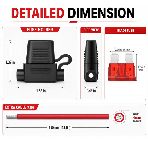 Detailed dimensions of Five Pack Hella Tough 12Awg Waterproof Inline Fuse Holders With Fifty Five Atc Blade Fuses And Puller.