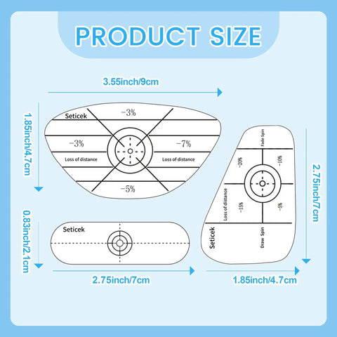 Size diagram for Golf Impact Tape Set 300 Pcs With Instant Blue Mark Feedback for various golf clubs.