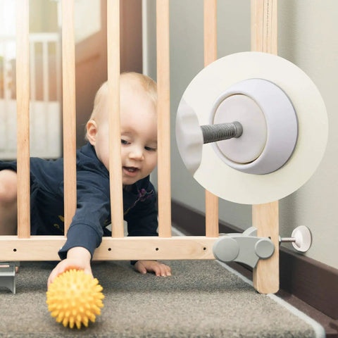 4 Pack Baby Gate Wall Protector Cups For Child Safety And Pet Gates Frosted Matte Non Slip Guards with child and gate closeup