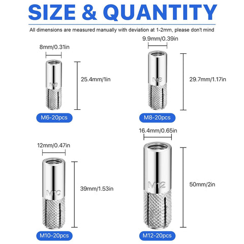 Size and quantity chart for Assortment Of Concrete Anchors 60 Pcs Zinc Plated Carbon Steel Drop In Anchors For Concrete And Drywall Expansion Bolts In Four Sizes One Quarter Inch Five Sixteenth Inch Three Eighth Inch One Half Inch, showing dimensions and quantity for M6, M8, M10, M12 anchors.
