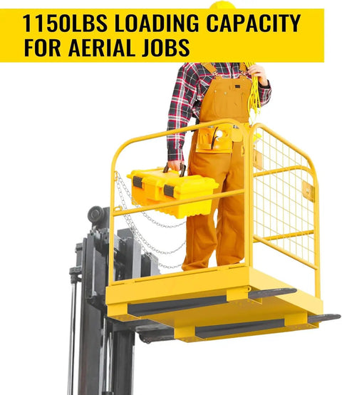 Hardcore Aerial Work Platform Forklift Safety Cage Built Like A Rock Heavy Duty Steel Basket With 1200 Lbs Capacity and No Sweat Chain Rig for aerial work.