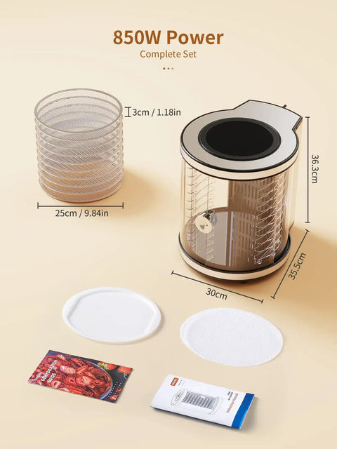 No Fuss Big Batch Stainless Steel Food Dehydrator With 10 Removable Racks and True 360 Rotating Drum, includes accessories.