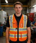 Legit Kickass High Visibility Reflective Safety Vest With Zippered Pockets And Breathable Mesh Panels Built Tough For Real Construction And Roadwork Site Safety on a man in an industrial workspace.