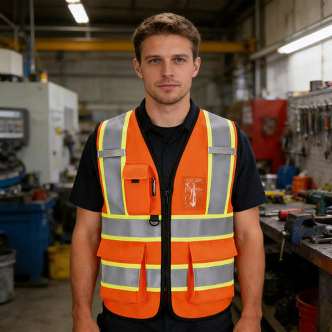 Legit Kickass High Visibility Reflective Safety Vest With Zippered Pockets And Breathable Mesh Panels Built Tough For Real Construction And Roadwork Site Safety on a man in an industrial workspace.