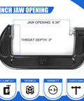 Beefy 8 Pack C Clamp Set 6 Inch Heavy Duty Cast Iron Frame Sliding T Handle For Maximum Stability Ideal For Woodworking Welding Building And Automotive Projects Black showing 6 inch jaw opening and 3 inch throat depth
