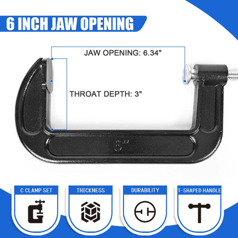 Beefy 8 Pack C Clamp Set 6 Inch Heavy Duty Cast Iron Frame Sliding T Handle For Maximum Stability Ideal For Woodworking Welding Building And Automotive Projects Black showing 6 inch jaw opening and 3 inch throat depth