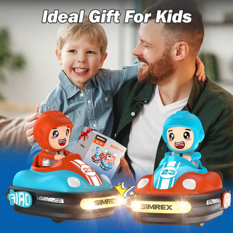 Father and son with Two Player RC Bumper Cars Set For Kids 3 And Up With Remote Control Battle Cars LED Lights Music And Sound.