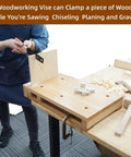 Heavy Duty Portable Woodworking Bench Vise Crafted From Premium Hardwood With Four Dead Simple Bench Dogs And Dual Lockdown Clamps For No Sweat Setup And Rock Solid Holds On Any Shop Build being used to clamp wood while sawing.