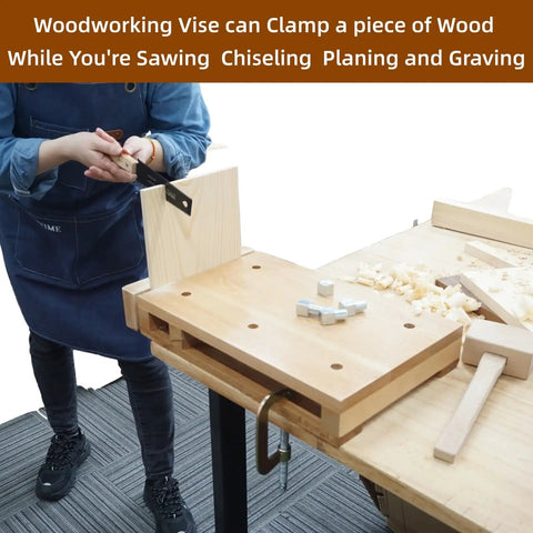 Heavy Duty Portable Woodworking Bench Vise Crafted From Premium Hardwood With Four Dead Simple Bench Dogs And Dual Lockdown Clamps For No Sweat Setup And Rock Solid Holds On Any Shop Build being used to clamp wood while sawing.