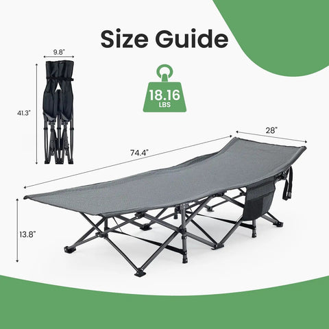 Folding Camping Cot With 3.5-Inch Cushion, Built Tough Rollaway Bed For Indoor And Outdoor Use, size and weight guide shown.