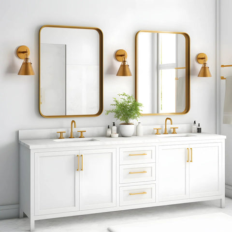 Bathroom with Antique Gold Wall Sconce Lighting Fixture with modern vintage vibe over vanities