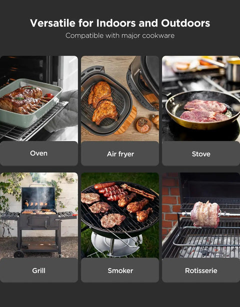 Dual Probe Smart Wireless Meat Thermometer in use with oven, air fryer, stove, grill, smoker, and rotisserie.