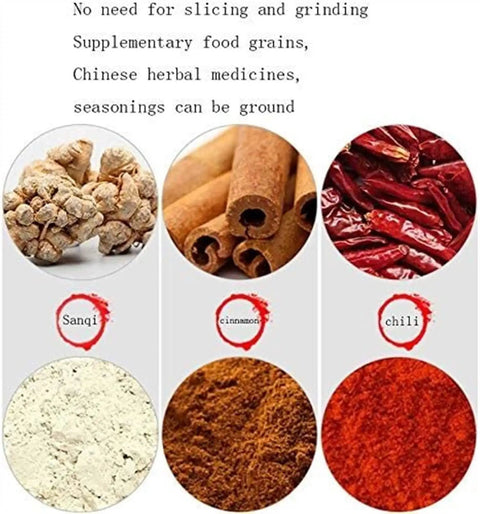 Grain Grinder 4500G Stainless Steel High Speed Pulverizer For Home And Commercial Milling, spices including sanqi, cinnamon, and chili.