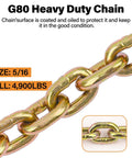 Beefed Up Heavy Duty G80 Transport Binder Chain With Clevis Grab Hooks Five Sixteenth Inch To Three Eighths Inch Ten Foot Tow Chain 4900 Lbs Working Load Limit Great For Logging And Recovery Jobs, close-up of link