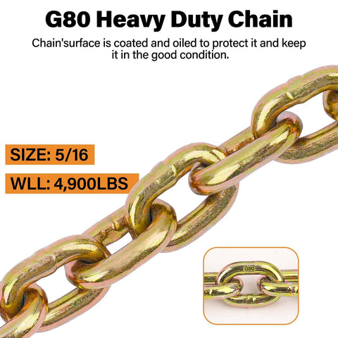Beefed Up Heavy Duty G80 Transport Binder Chain With Clevis Grab Hooks Five Sixteenth Inch To Three Eighths Inch Ten Foot Tow Chain 4900 Lbs Working Load Limit Great For Logging And Recovery Jobs, close-up of link